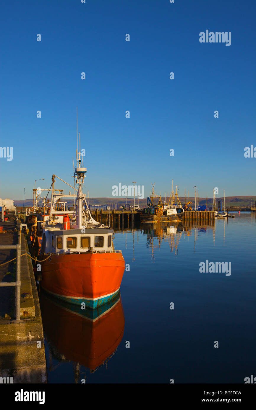 Fishing boats in Stranraer harbour, with ferry terminal in background Stock Photo