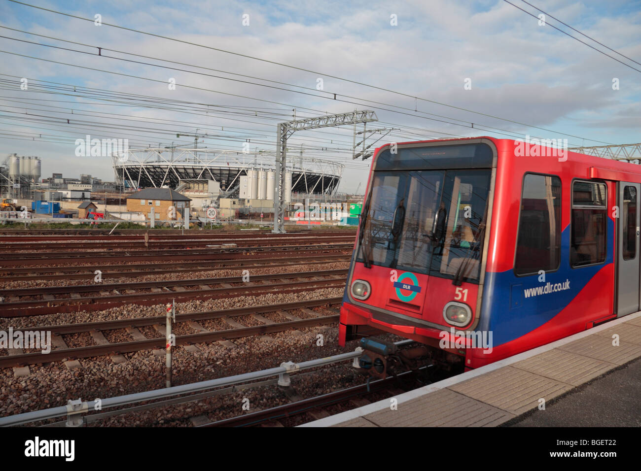 DLR train at Pudding Mill Lane station and the London 2012 Olympic