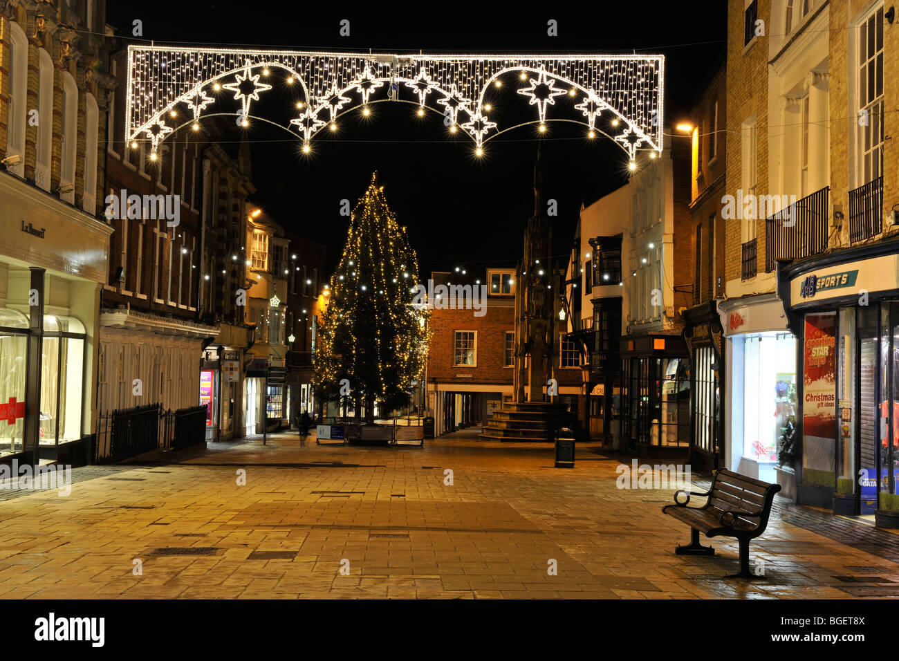 Christmas lights in High Street, Winchester, Hampshire, UK. Stock Photo