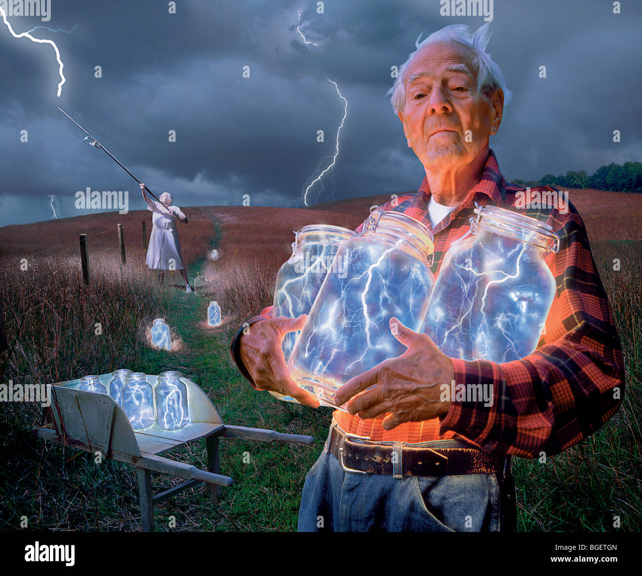 An old couple harvests lightning in this fantasy image called The Lightning Catchers. Stock Photo