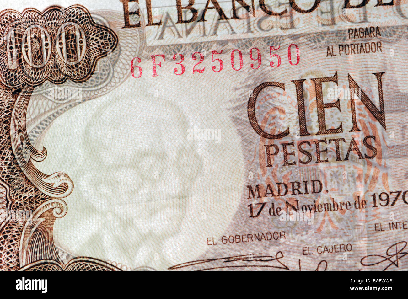 Spanish 100 peseta banknote from 1970 showing watermark depicting Manuel de Falla Stock Photo