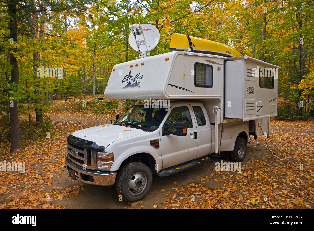 Hicker Camper at Kettle Point Campground in Restoule Provincial Park, Ontario, Canada Stock