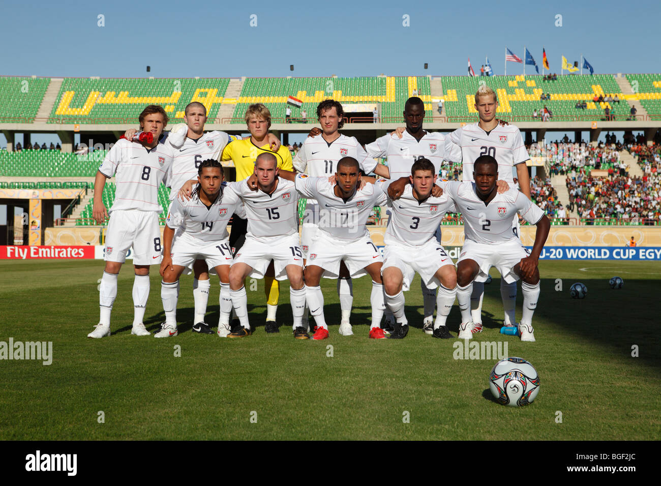 The USA starting eleven lines up prior to the start of a 2009 FIFA U-20 World Cup soccer match against Germany. Stock Photo