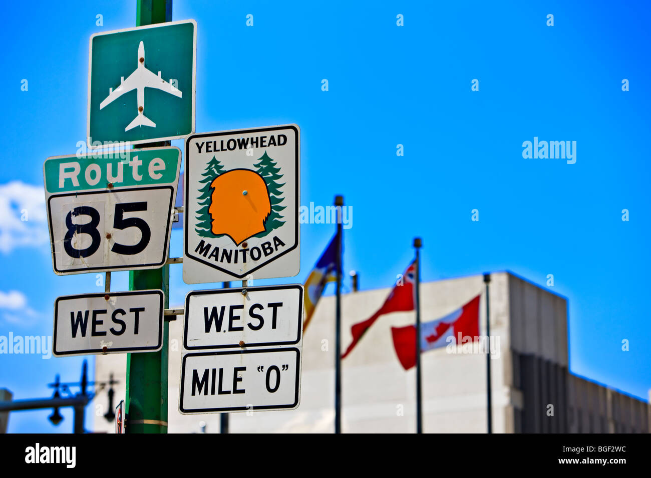 Street Signs including Mile 0 of the Yellowhead Highway in the City of Winnipeg, Manitoba, Canada. Stock Photo