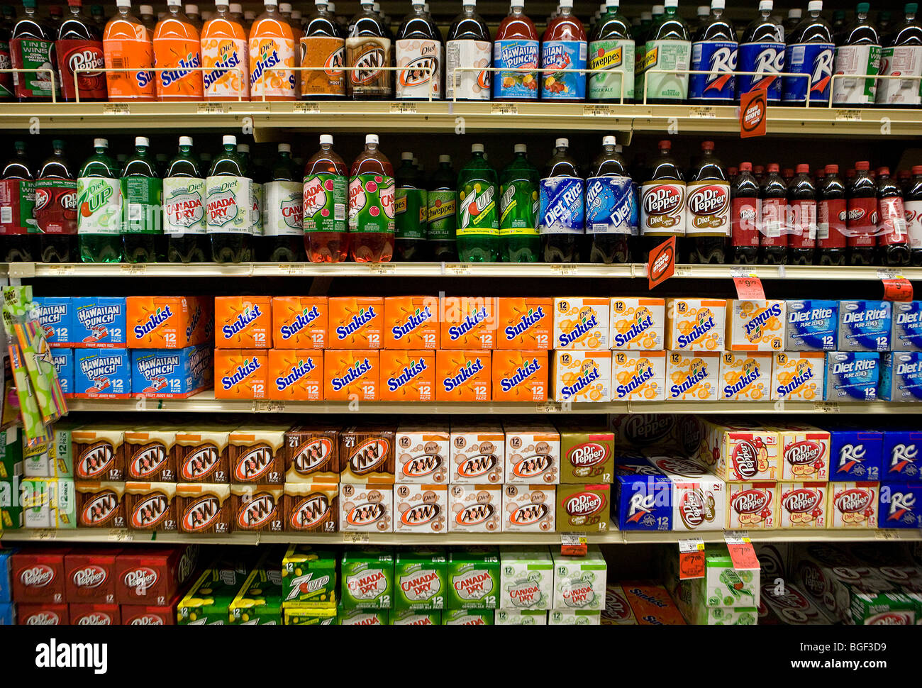 Soda on display in a grocery store.  Stock Photo