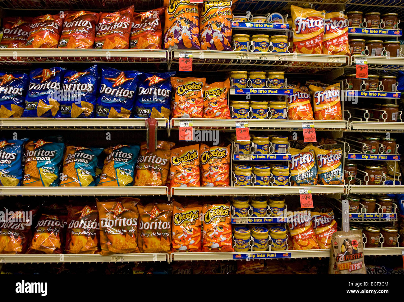 Potato chips on display in a grocery store Stock Photo Alamy
