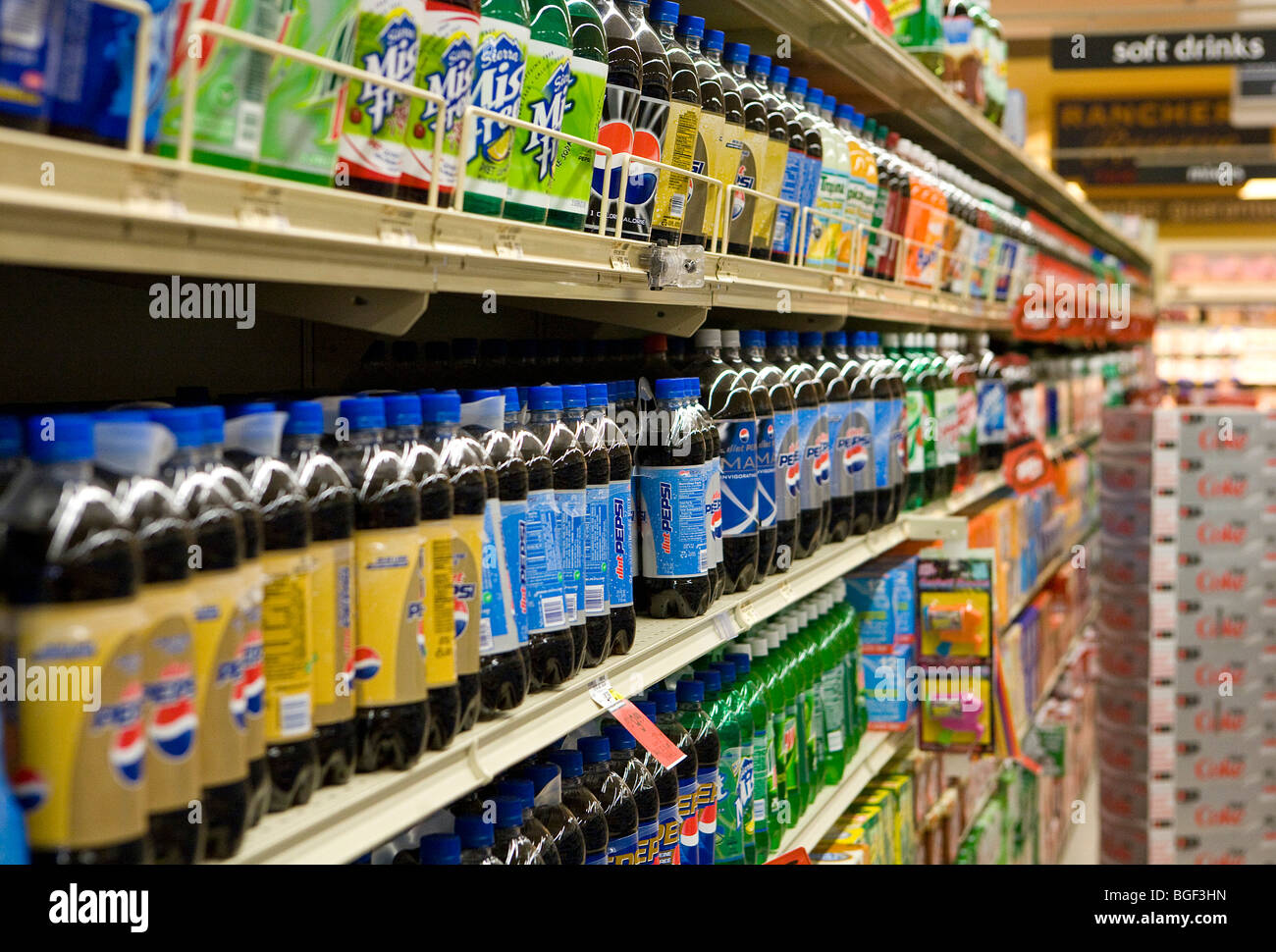 Soda on display in a grocery store.  Stock Photo