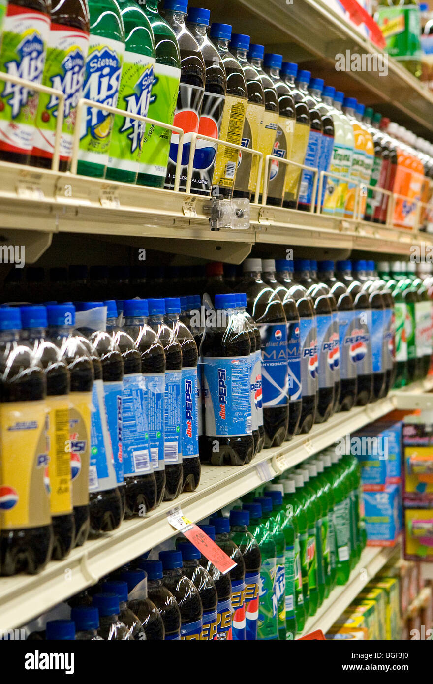 Soda on display in a grocery store. Stock Photo