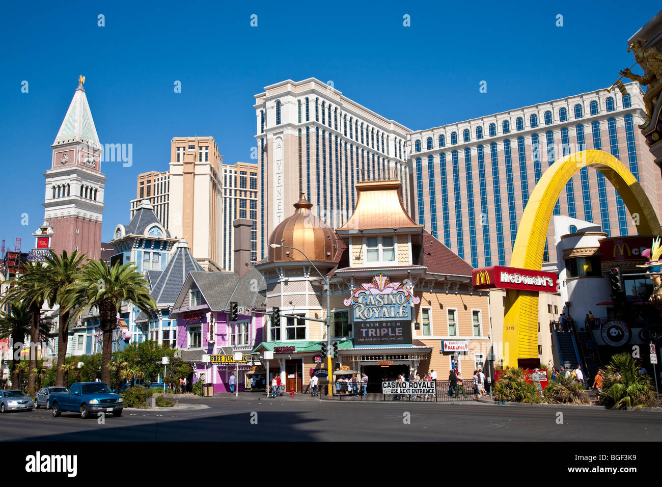 Las Vegas Strip with Venetian Hotel, Casino Royale and fast food outlets Stock Photo