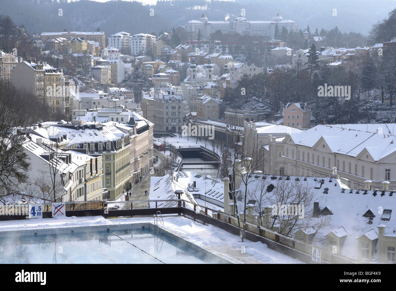 The town of Karlovy Vary (Karlsbad) seen from Thermal sanatorium, Czech Republic, Europe Stock Photo