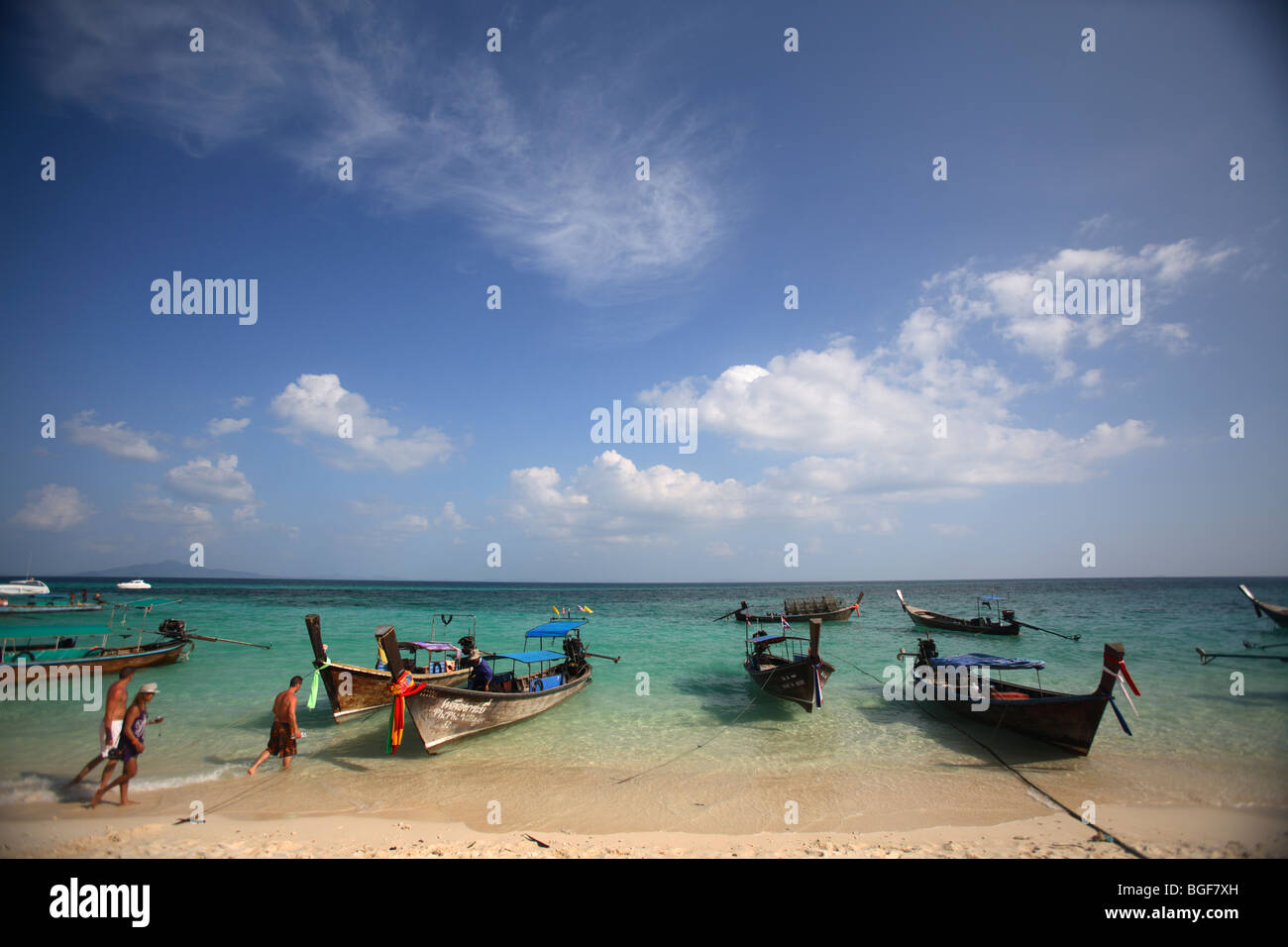 Long-tail boats at Bamboo Island, Phi Phi Islands, Thailand Stock Photo