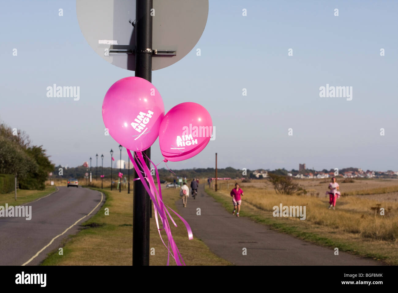 Two pink balloons with the slogan 'Aim High' mark the way for a charity walk Stock Photo