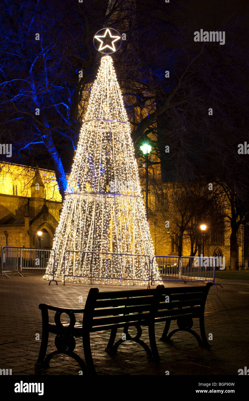 Chesterfield Christmas lights in the town center at night Derbyshire
