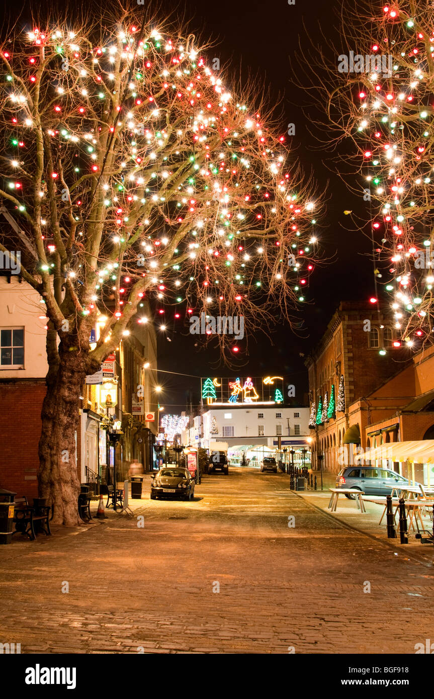 Chesterfield Christmas lights in the town center at night Derbyshire