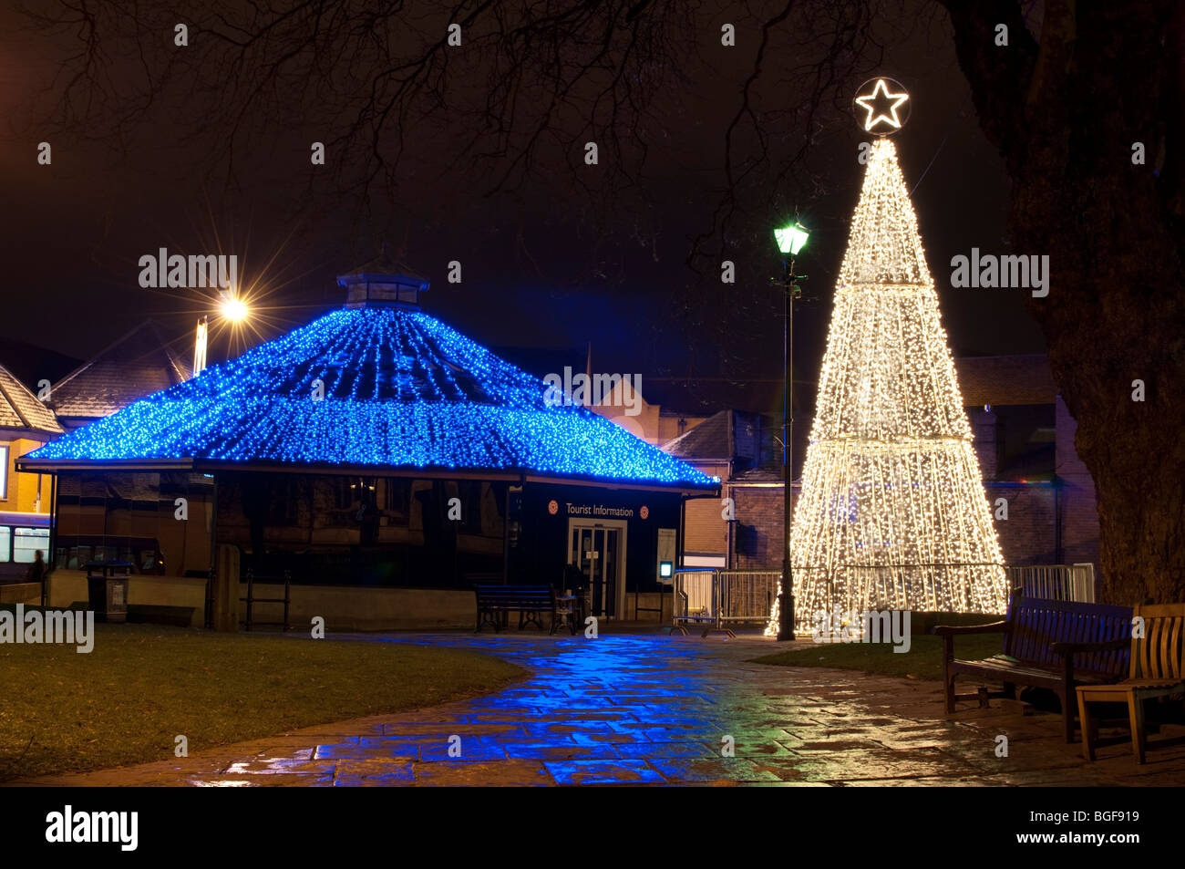Chesterfield Christmas lights in the town center at night Derbyshire