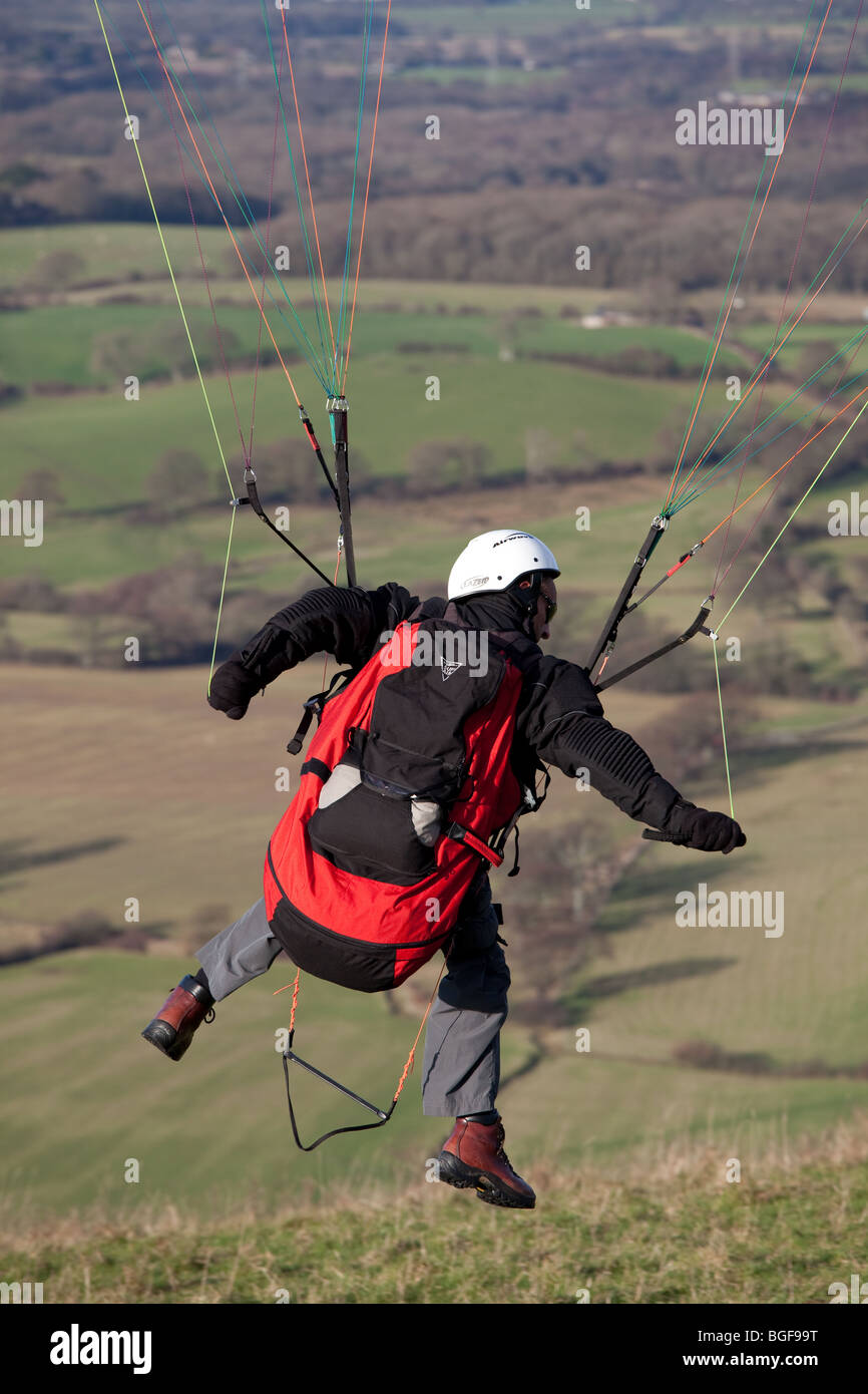 A Hang Glider Pilot negotiating the final stages of landing with his