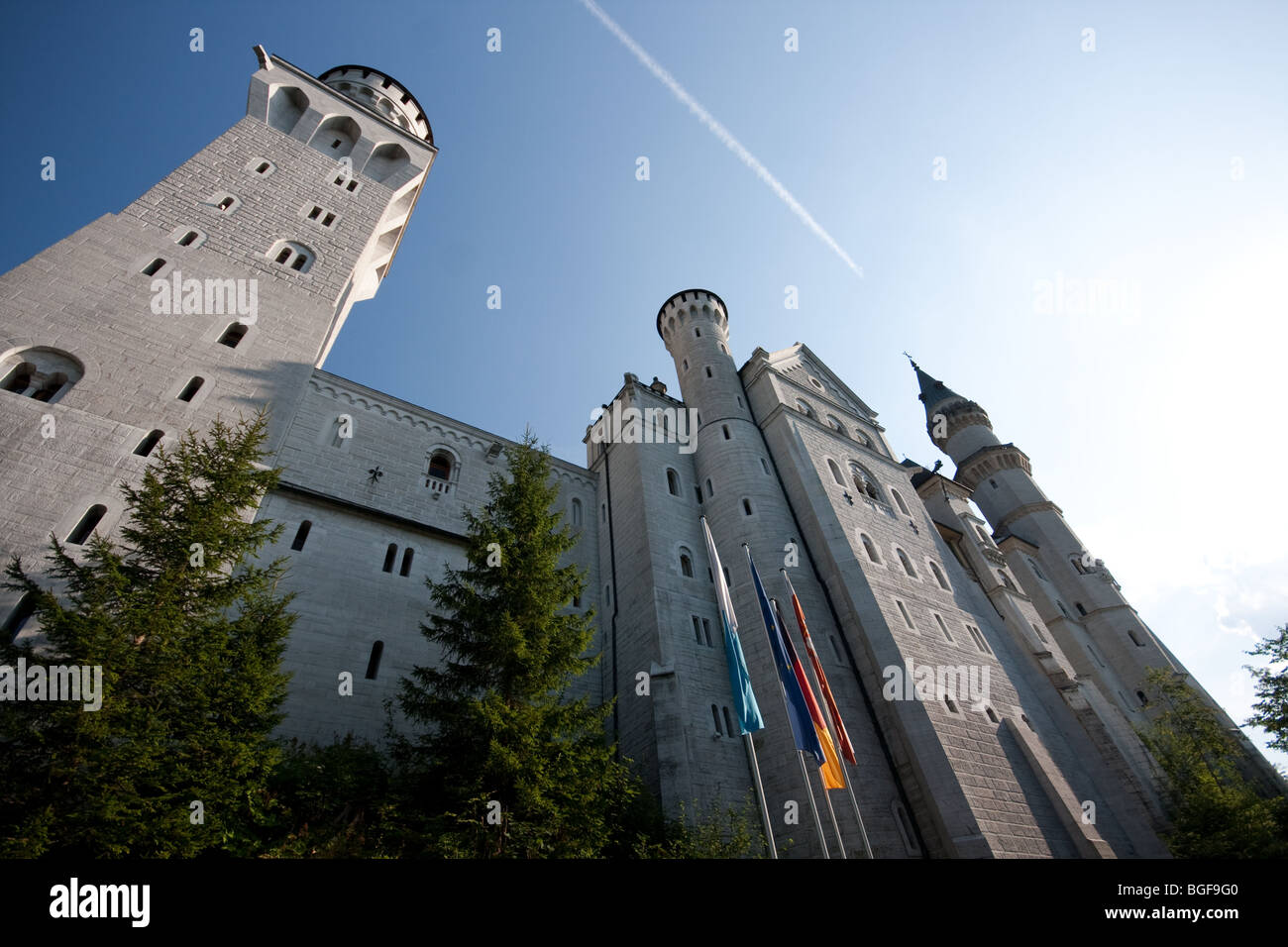Low angle view of  Neuschwanstein Castle in Bavaria, Germany Stock Photo