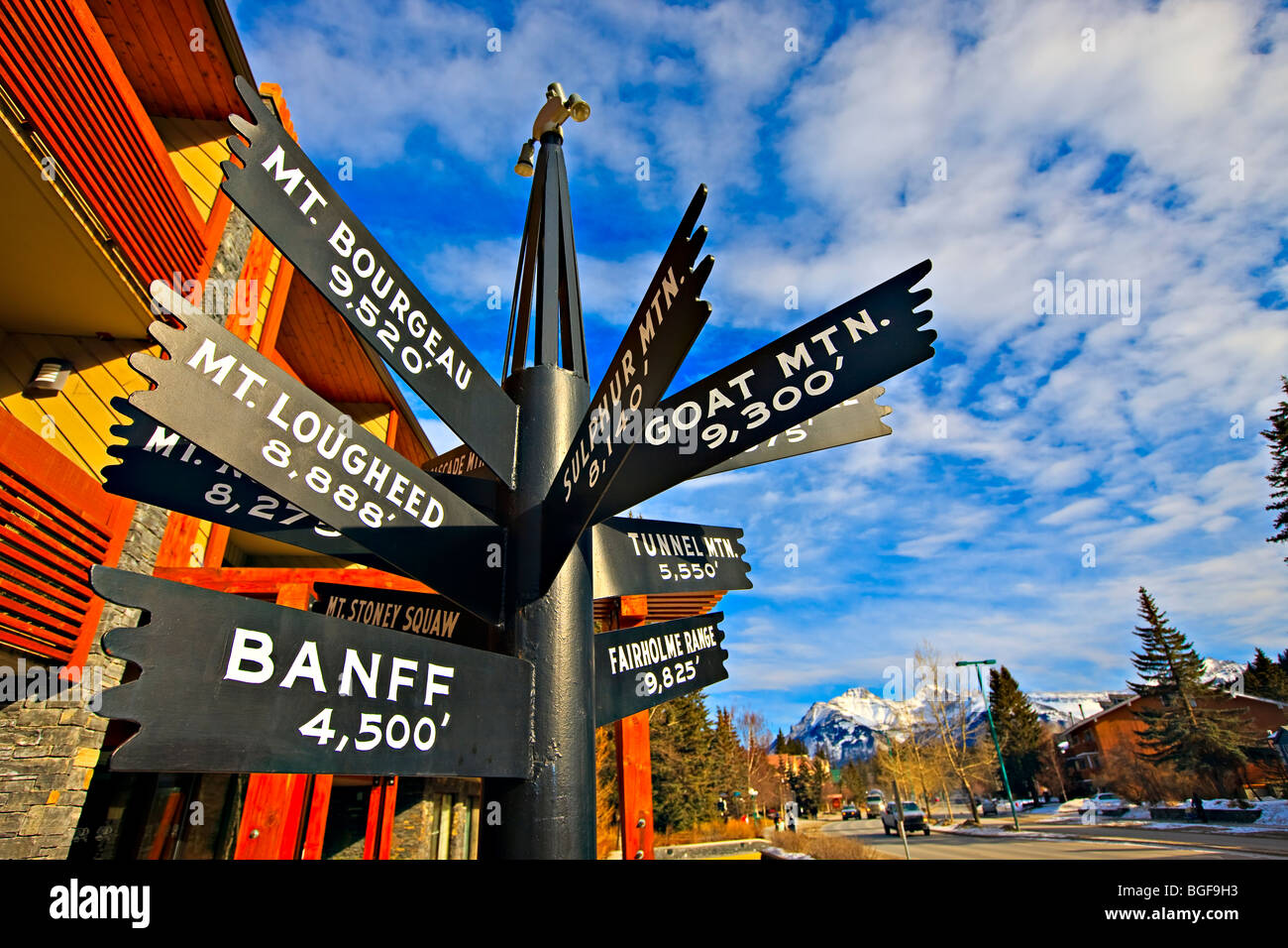 Multi directional sign post along Banff Avenue pointing to various mountains, Town of Banff, Banff National Park, Canadian Rocky Stock Photo