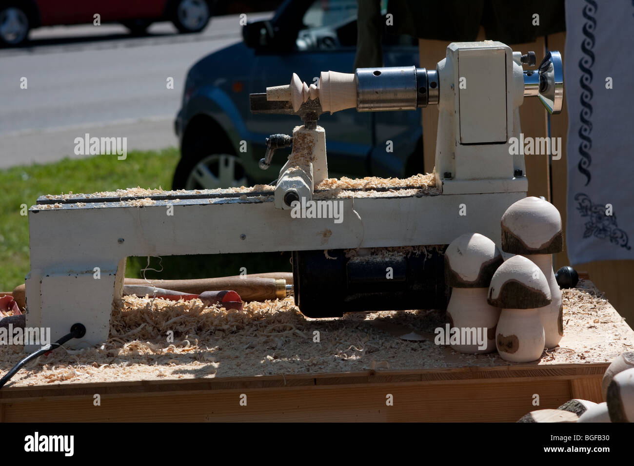 View of drill machine used to carve toys from wood in Bavaria, Germany Stock Photo
