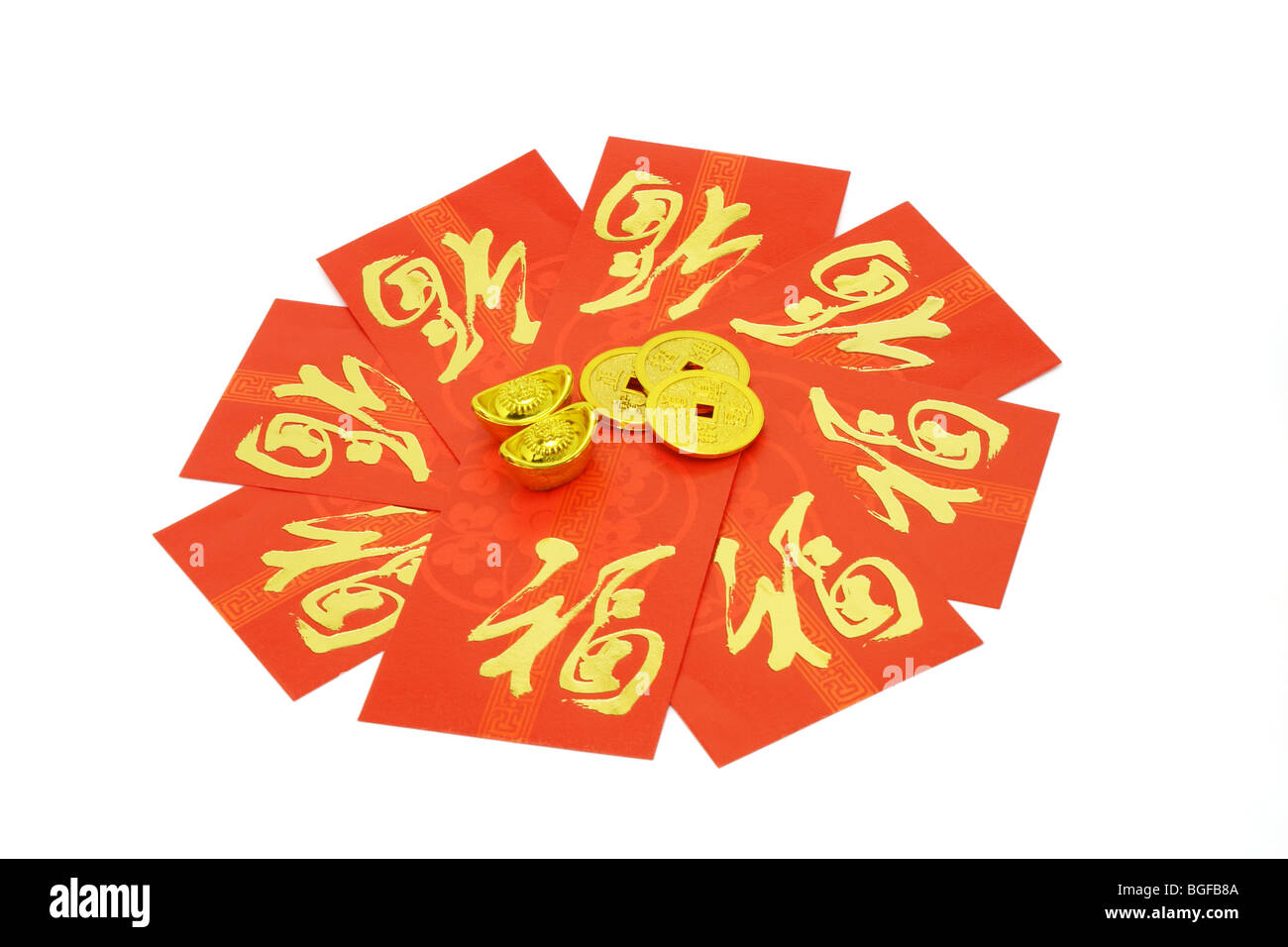 Chinese red packets and ornaments of gold ingots and coins Stock Photo