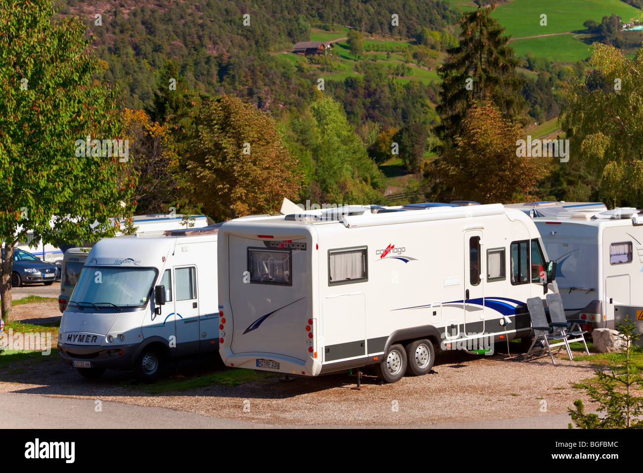 Hymer Camper van at Camping in Northern Italy Stock Photo