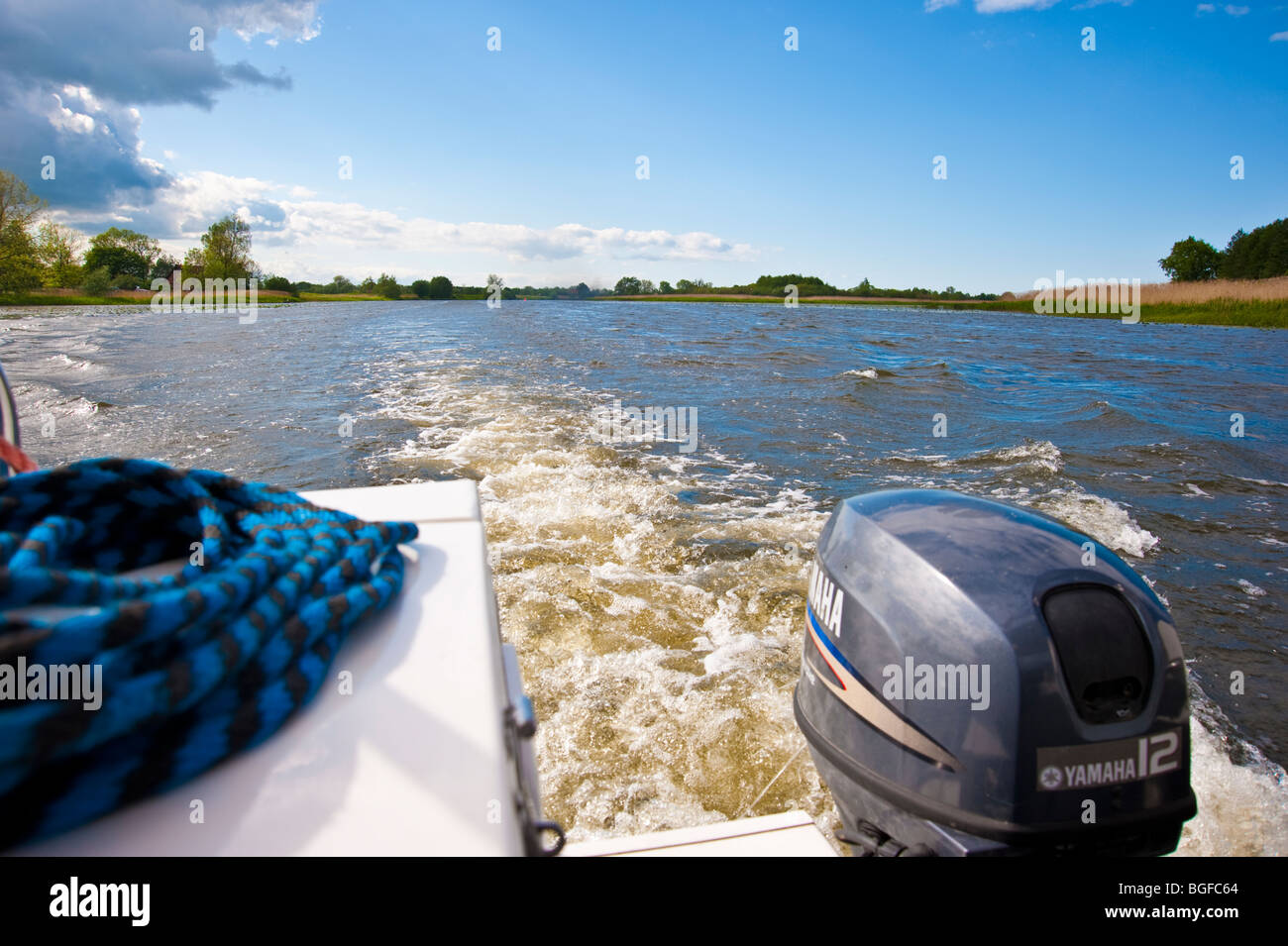 Weichel Rivier Stern of yacht with outboard engine on Szkarpawa River, Elbinger ...