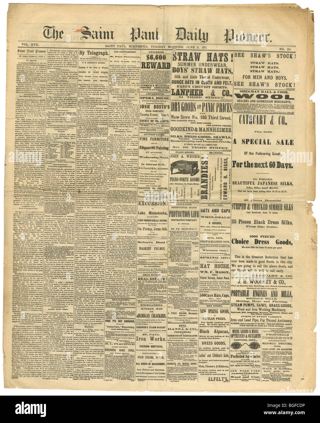 Front page of The Saint Paul (Minnesota) Daily Pioneer newspaper, Tuesday, June 6, 1871. Stock Photo