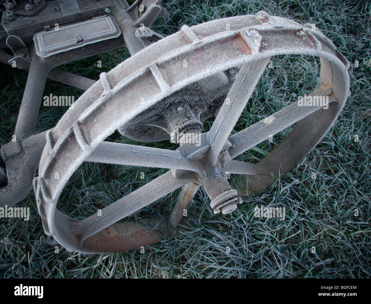 Wheel of old mower for the grain Stock Photo