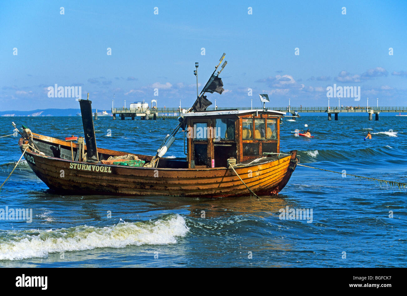 fishing boat off Ahlbeck Beach, Usedom Island, Baltic Sea, Mecklenburg-West Pomerania, Northern Germany Stock Photo