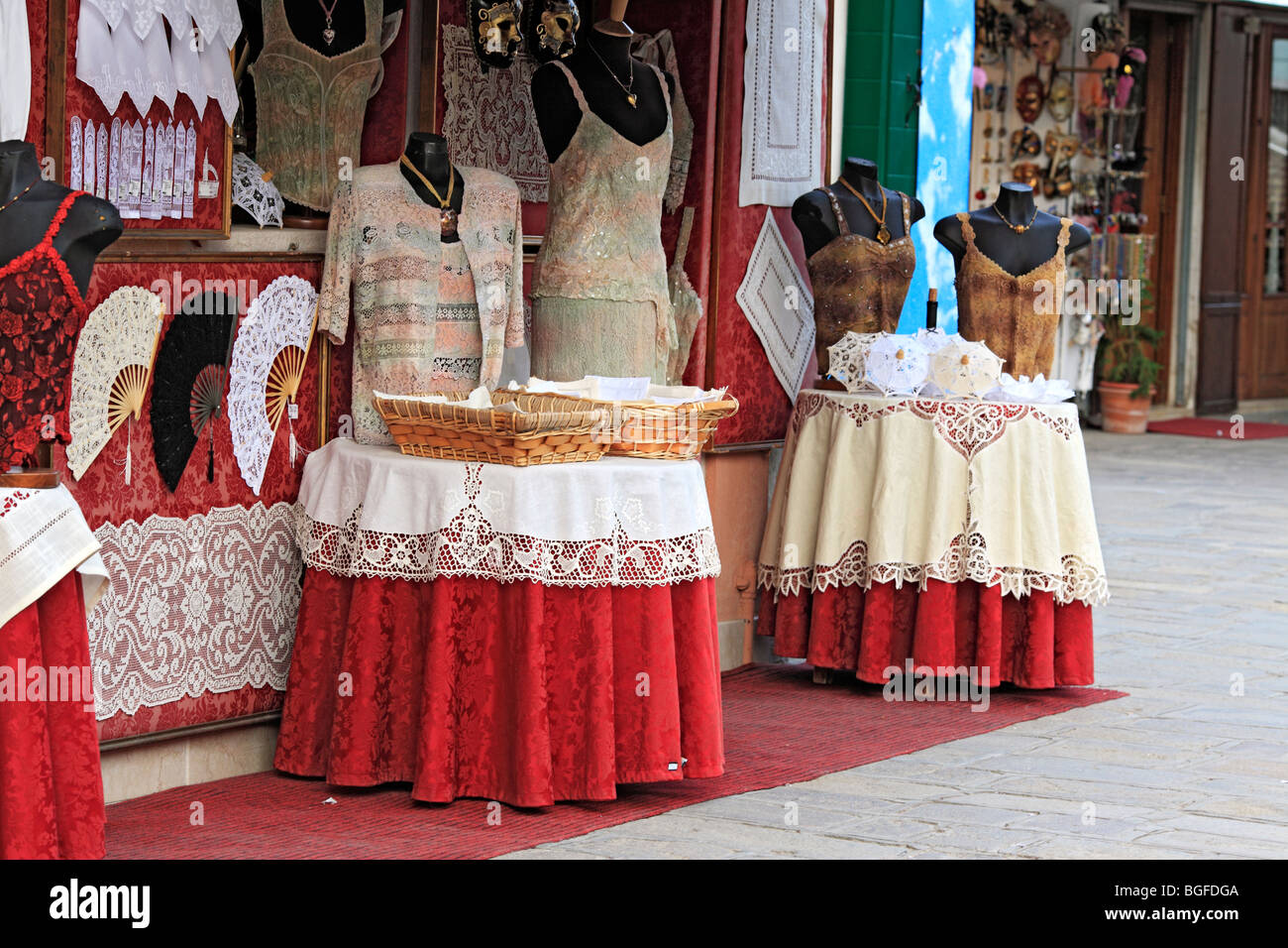 Shop with laces, Burano, Venice, Veneto, Italy Stock Photo