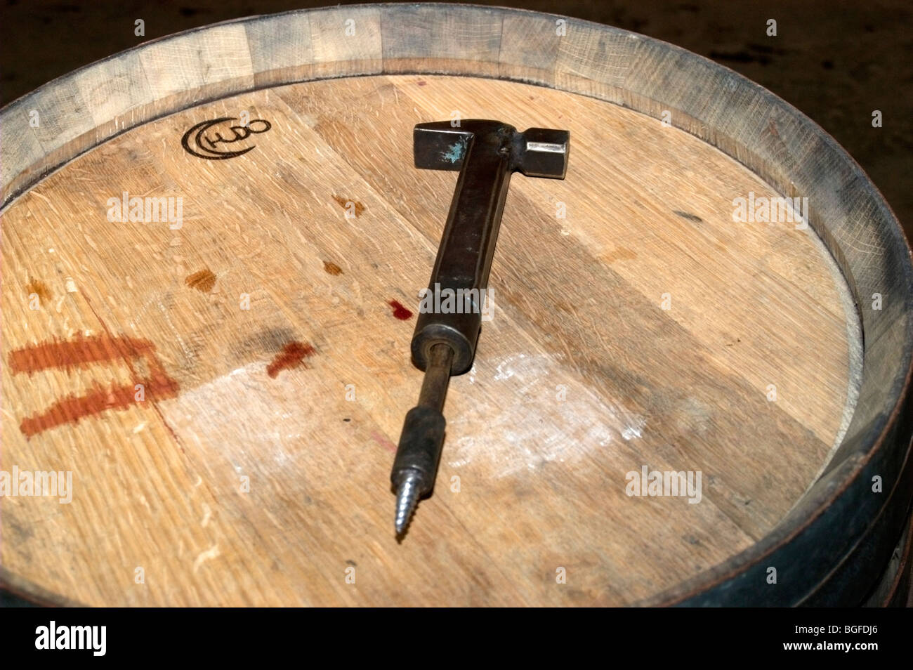 A barrel tool on a barrel of vintage Rioja Stock Photo