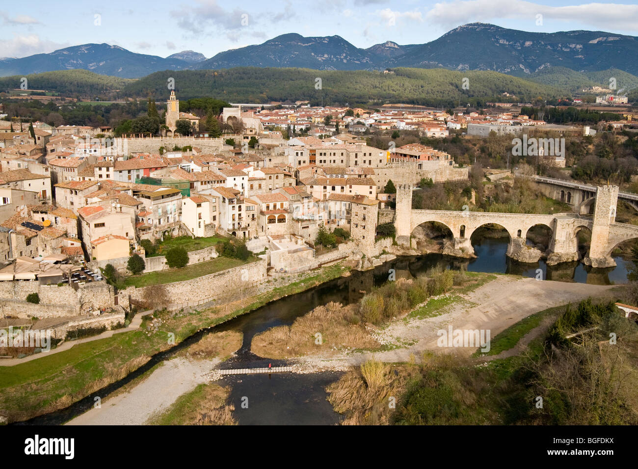 besalu town and bridge, aerial view Stock Photo