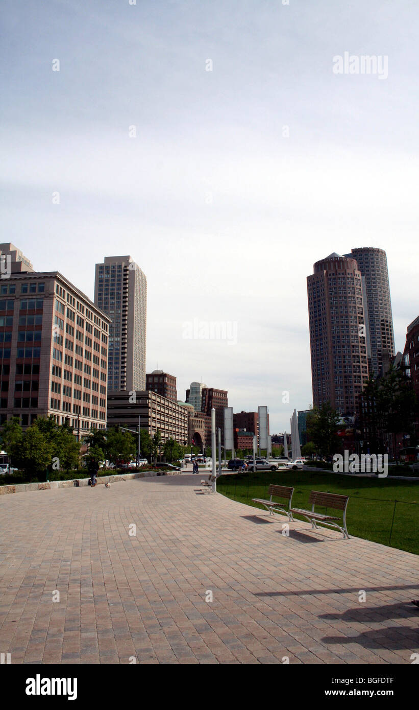 Boston waterfront Buildings on path to city Stock Photo