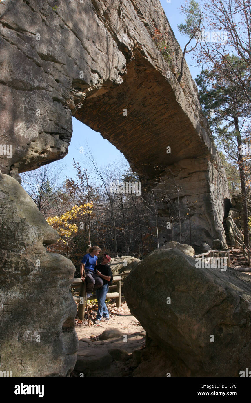 Natural Bridge State Park Kentucky fall colors hiker Stock Photo