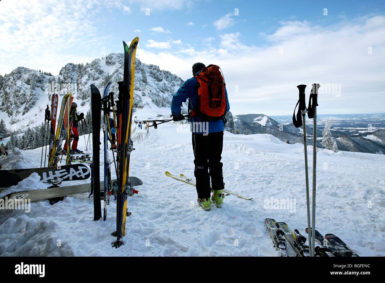 Snow Skiers and Equipment on the Kampenwand, Chiemgau Upper Bavaria Germany Stock Photo