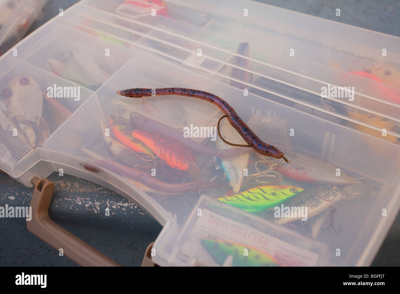 plastic worm fishing lure sitting on clear plastic tackle box fishing sport Stock Photo