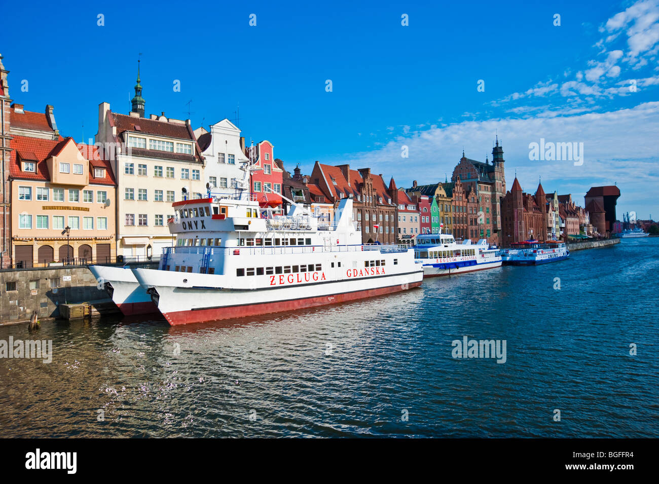 Danzig Ship Tourist ships, facades and crane gate along Moltlawa River at old town ...