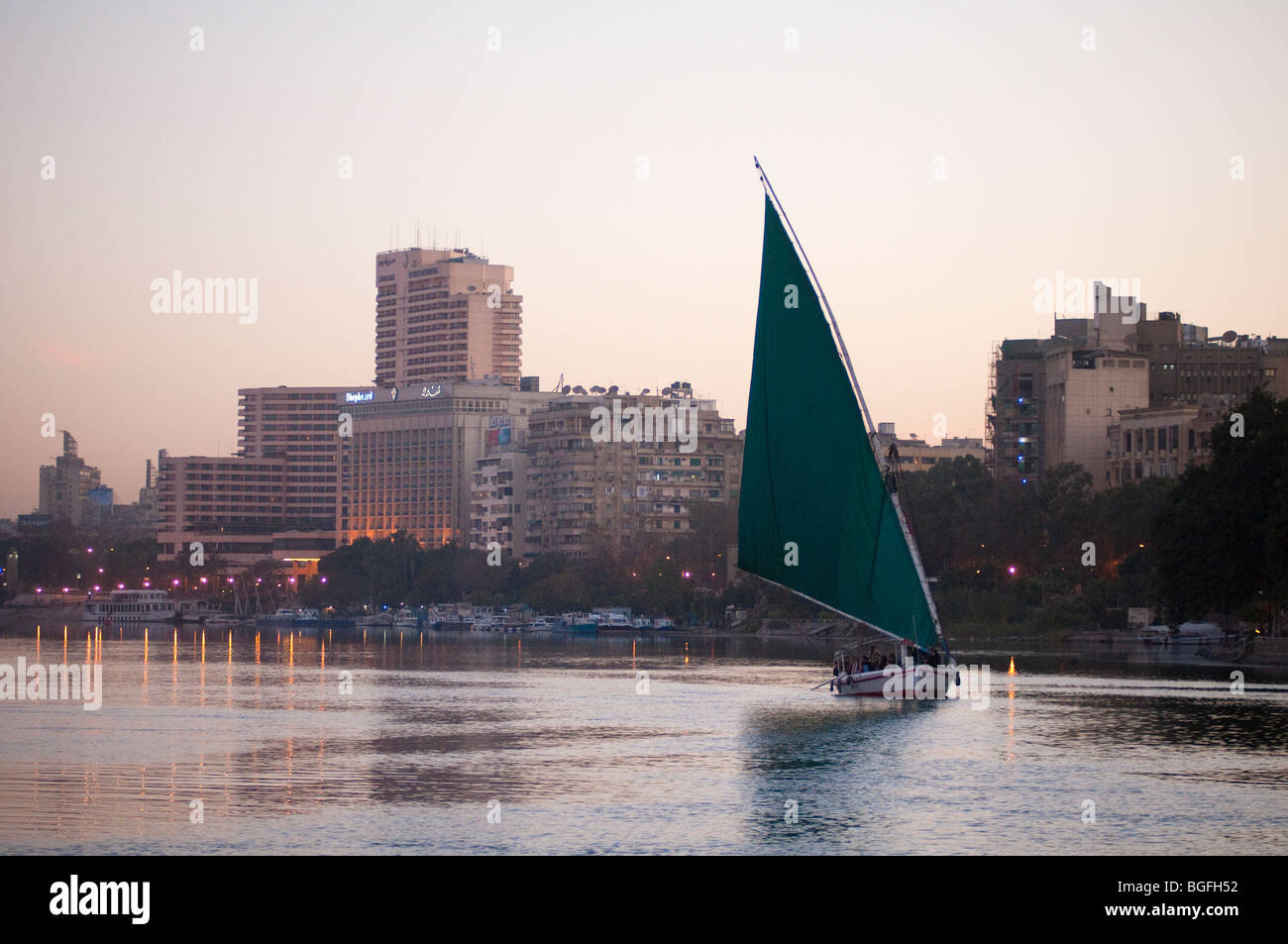Early morning felucca boat ride on the Nile River in Cairo, Egypt, Africa. Stock Photo
