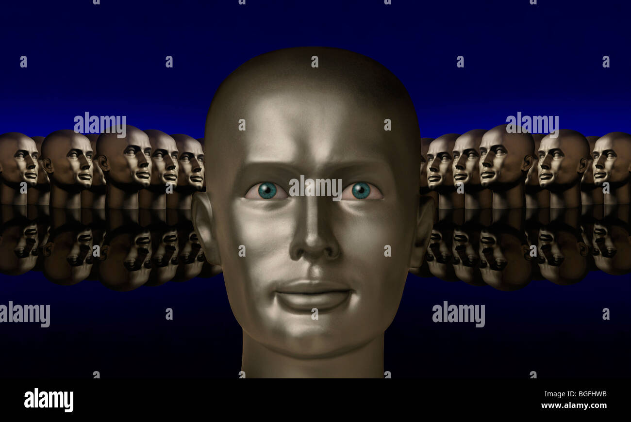 Silver mannaquin head flanked by two groups of heads opposite one another on a reflective black surface with a blue background Stock Photo