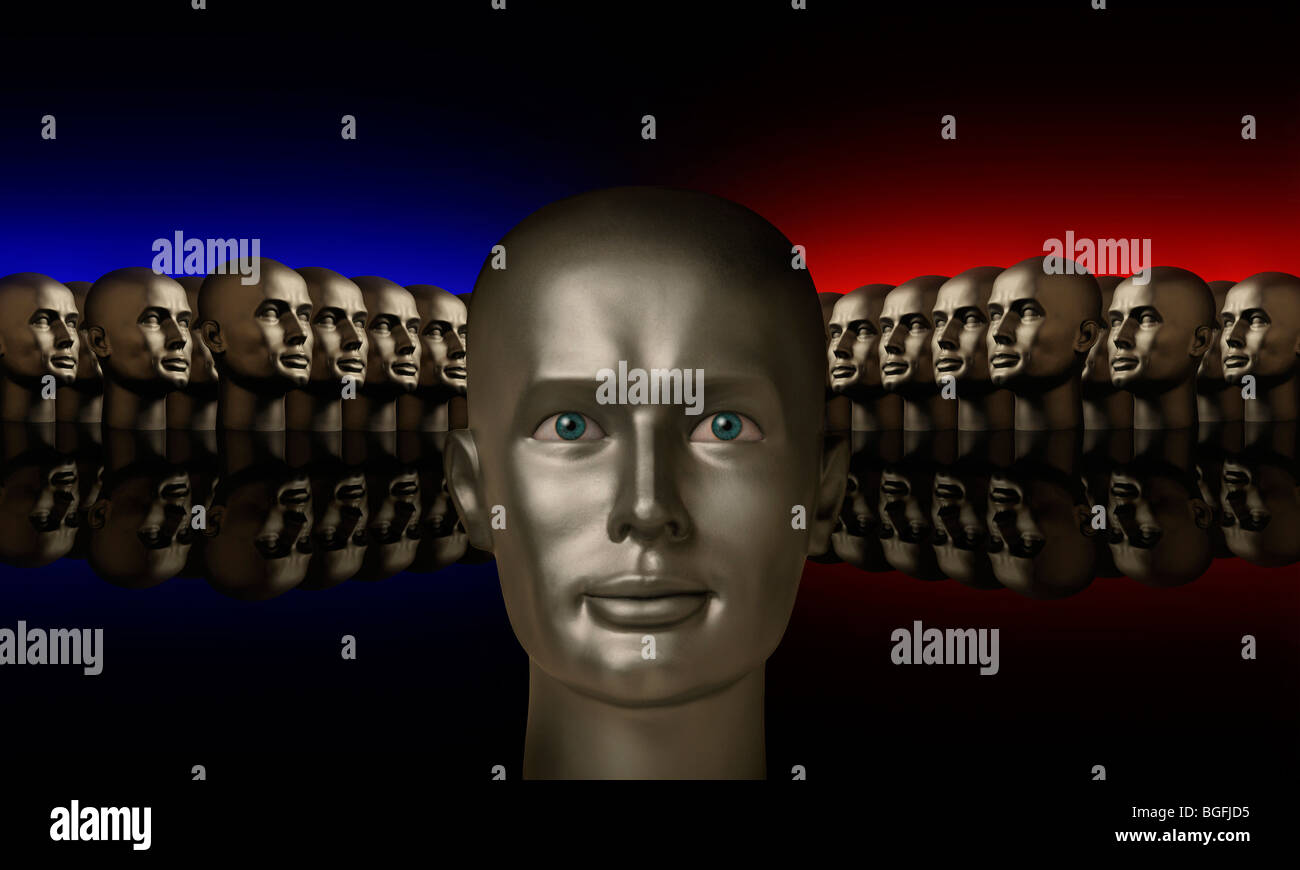 Silver mannequin head flanked by two groups of heads opposite one another on a reflective black surface Stock Photo