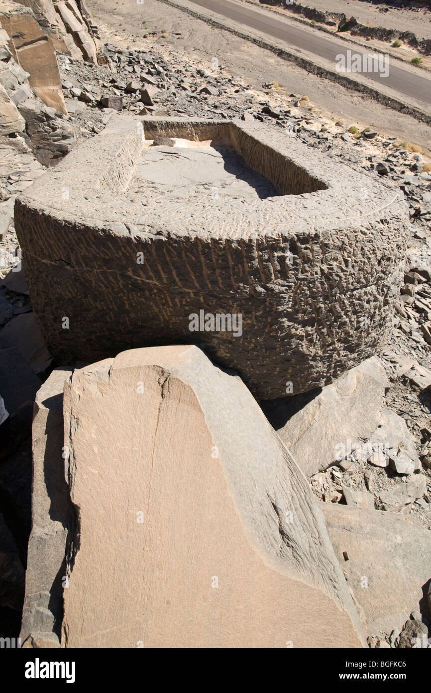 Unfinished sarcophagus abandoned in the Schist  quarries at Wadi Hammamat, Red Sea Hills of Egypt. Stock Photo