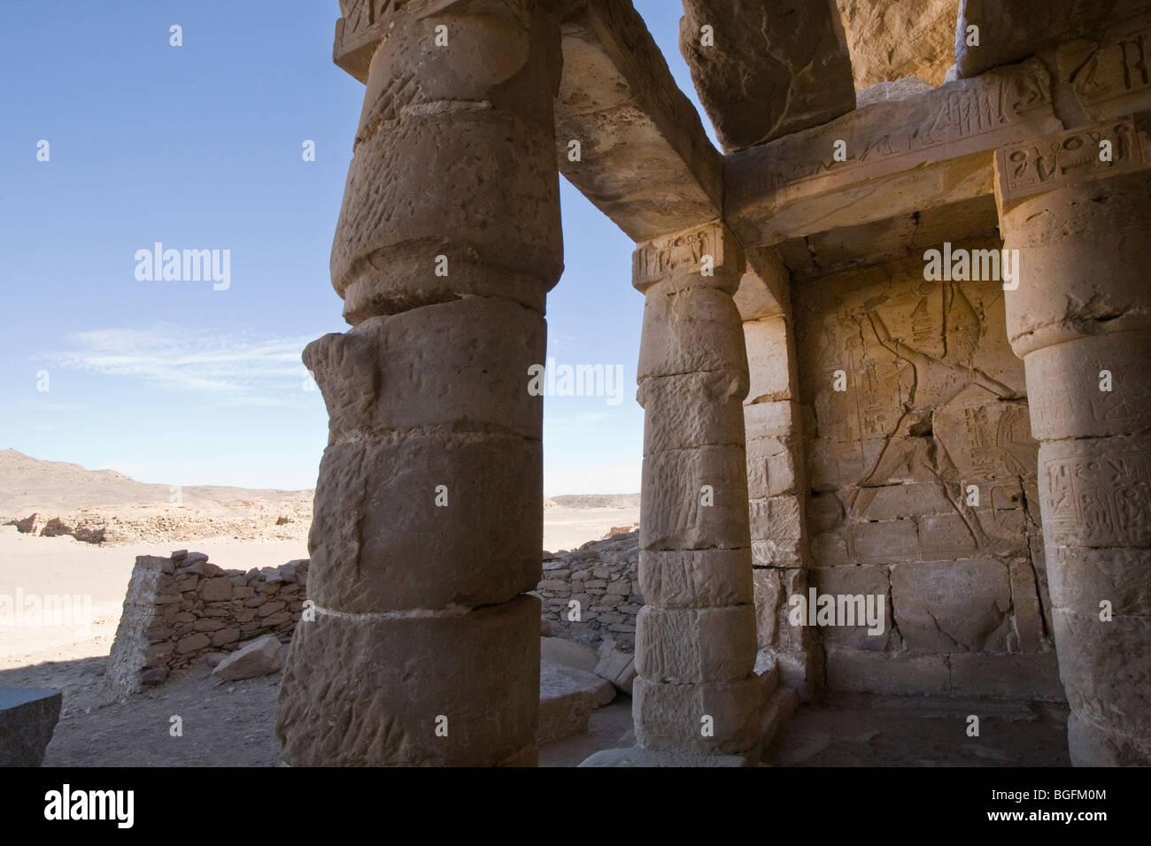 Forecourt  showing relief of King at Kanais, Temple of King Sety 1 in the Wadi Abad in the Eastern Desert of Egypt Stock Photo