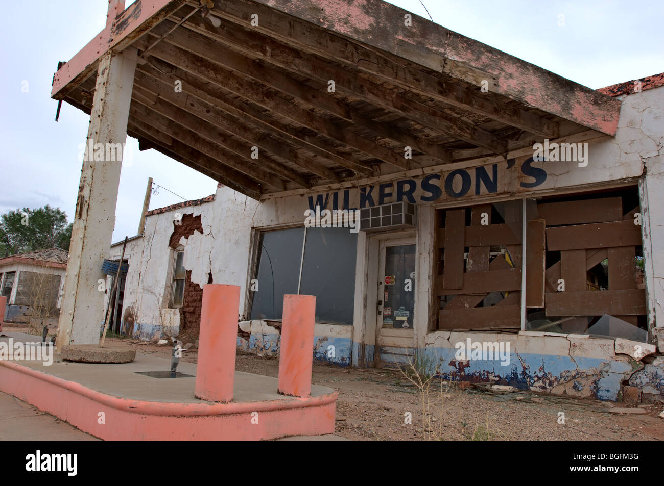 Old gas station in Newkirk, New Mexico, on historic Route 66 Stock