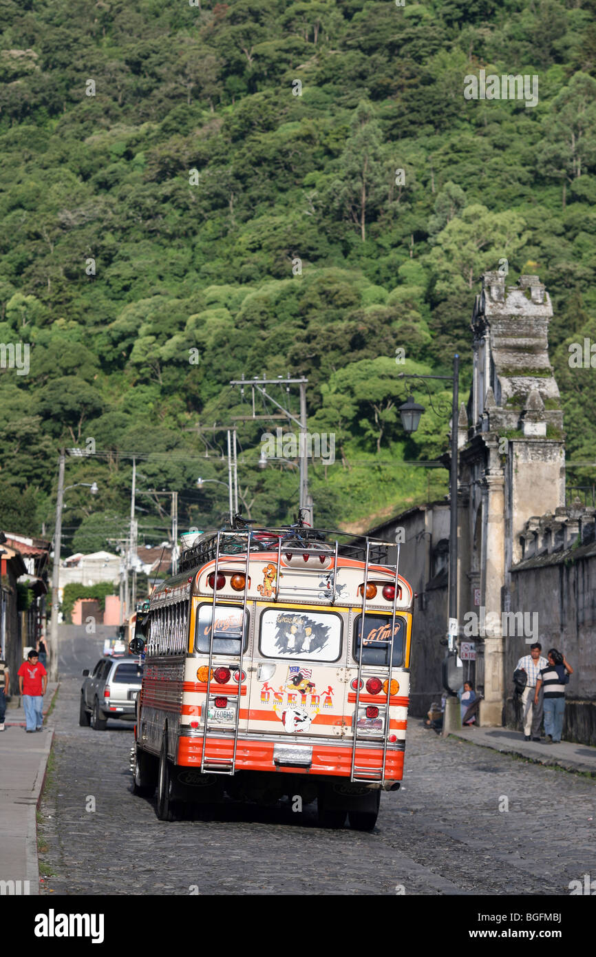 Colorful bus in Antigua Guatemala Stock Photo