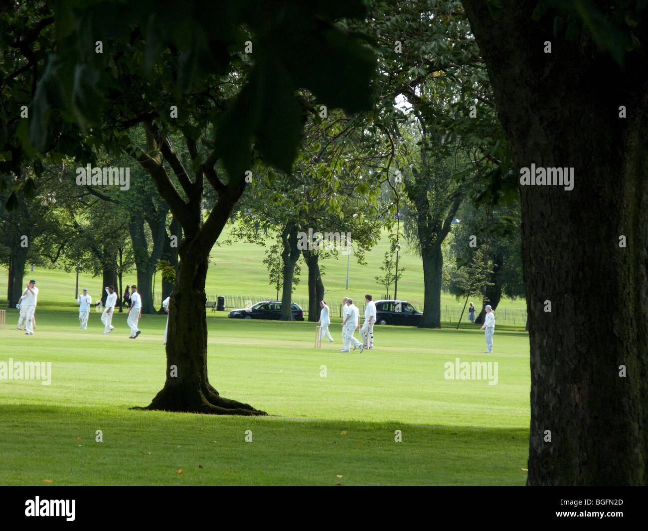 Cricket match in the park during summer Stock Photo