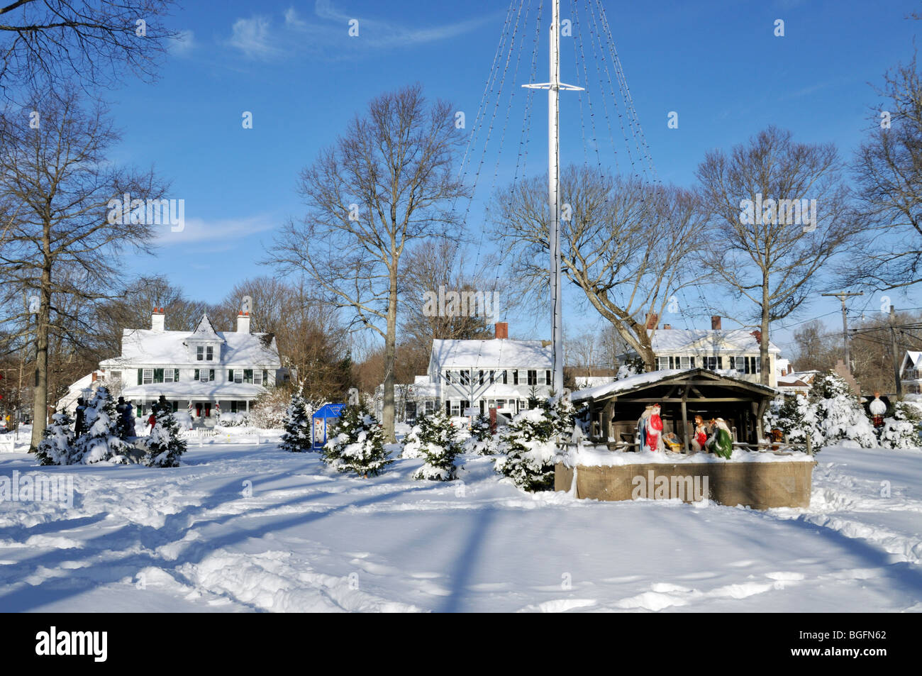 Falmouth, Cape Cod town common decorated for Christmas with snow and