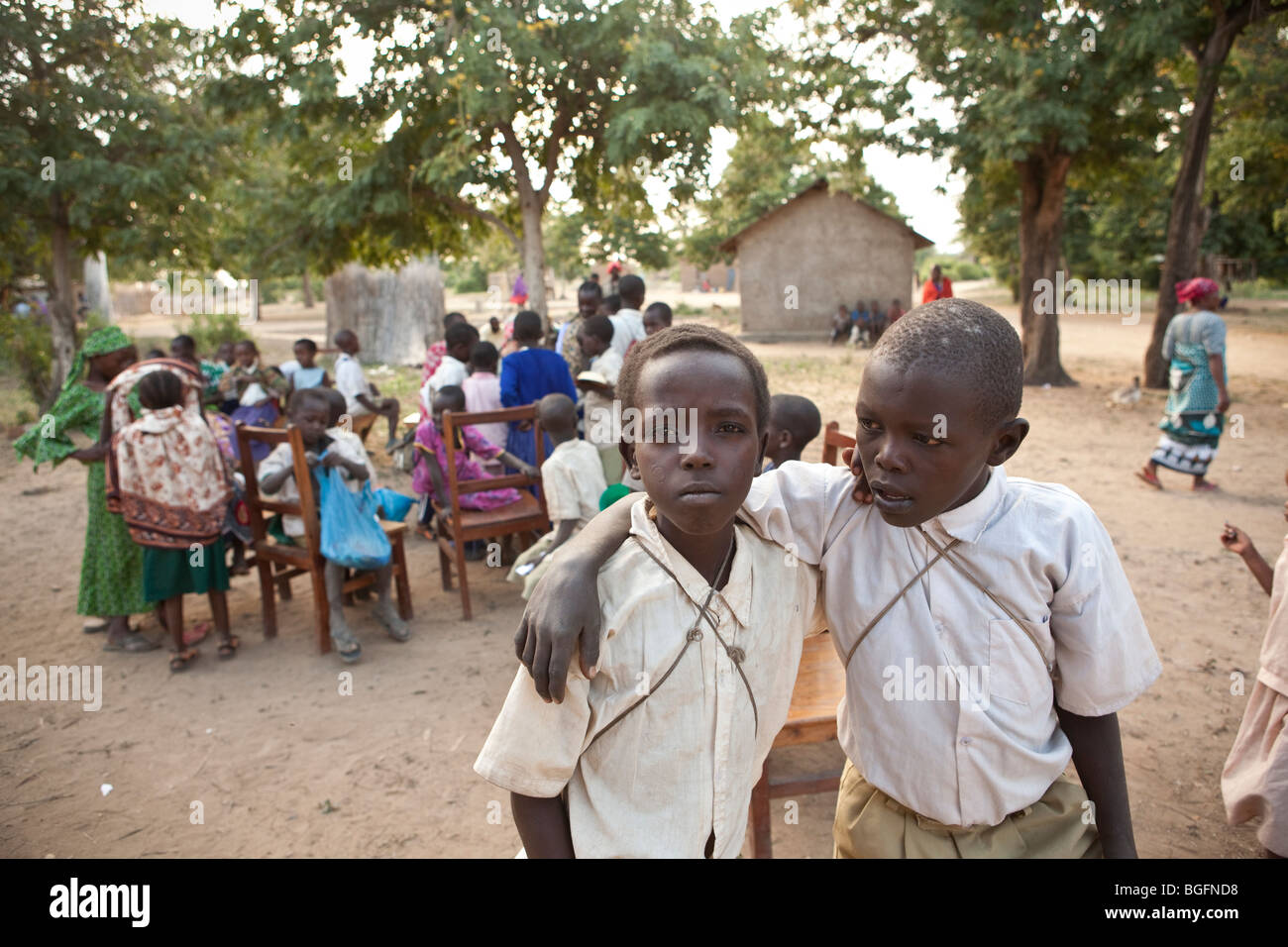 School boys at a medical dispensary in Tanzania: Manyara Region, Simanjiro District, Kilombero Village. Stock Photo