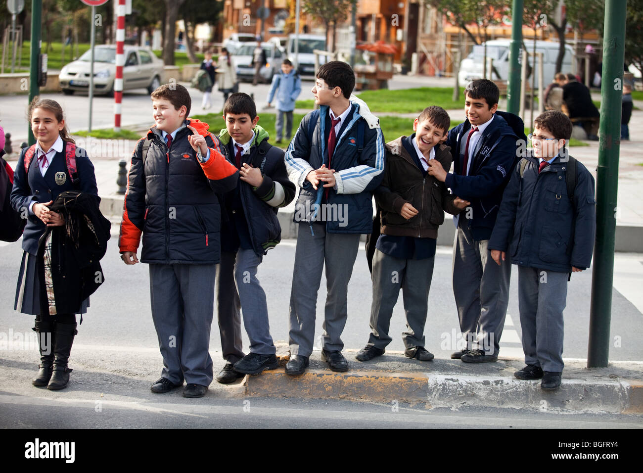 Turkish pupils on their way from school in Eyup, Istanbul, Turkey Stock Photo