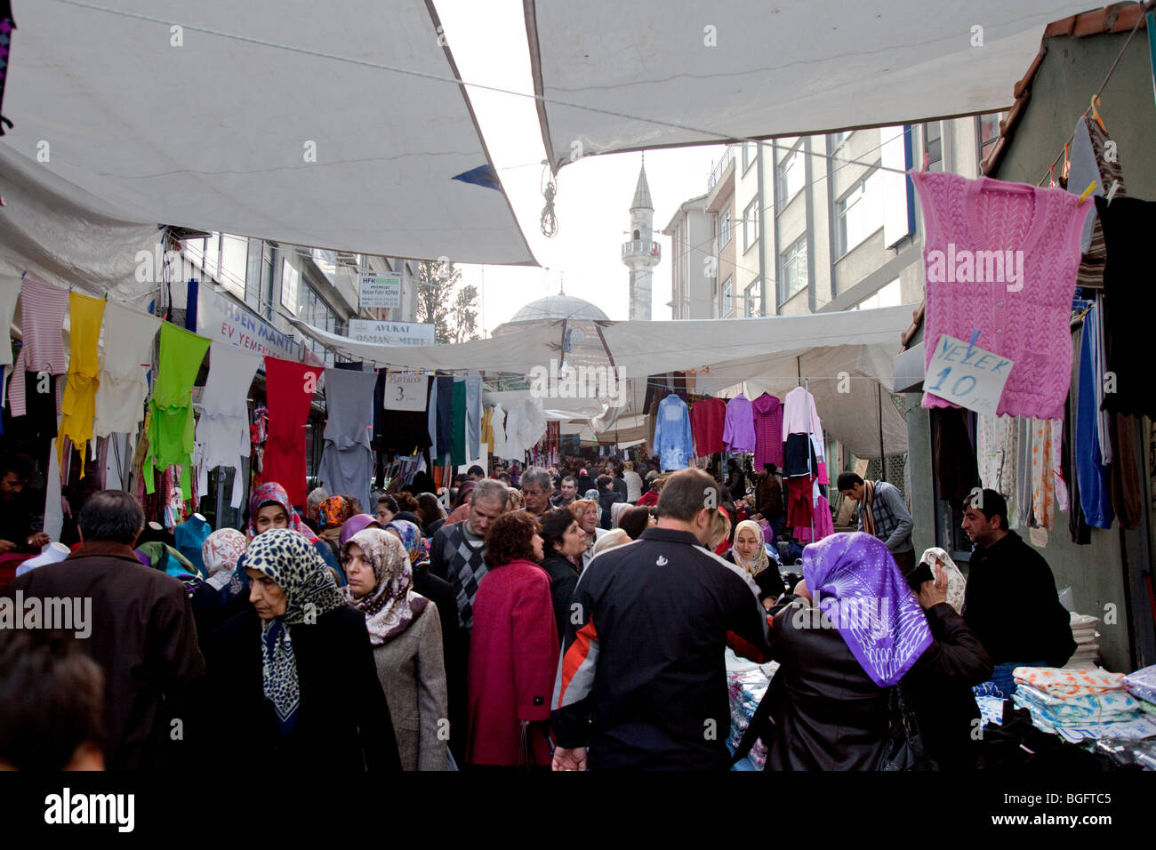 Busy street with market stalls in Eminonu , Istanbul, Turkey. Stock Photo