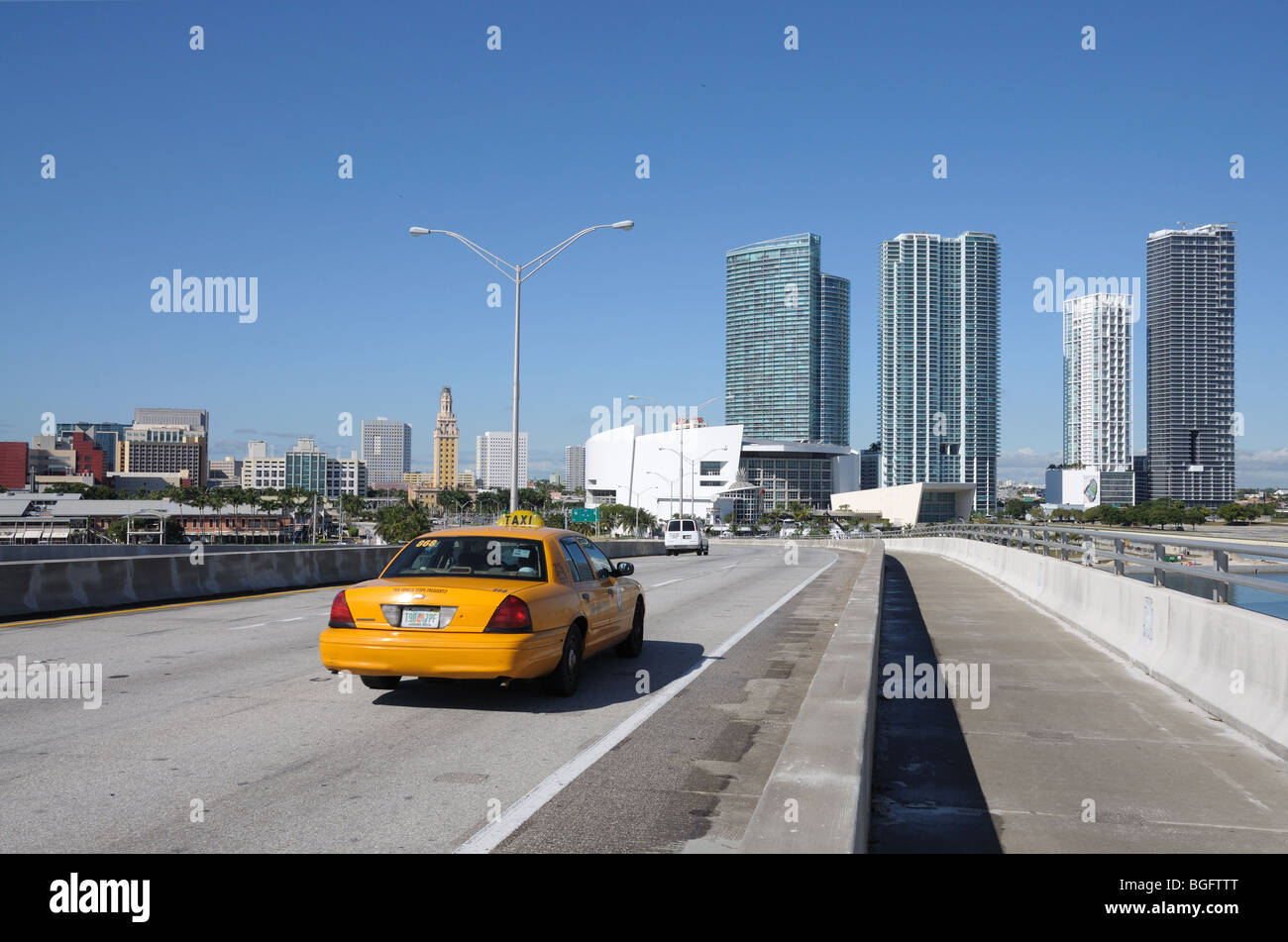 Taxi on the Bridge at Downtown Miami, Florida USA Stock Photo